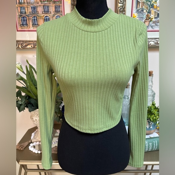 Princess Polly Light Green Ribbed Long Sleeve Crop Top SZ S Casual Summer Fall - Picture 2 of 6